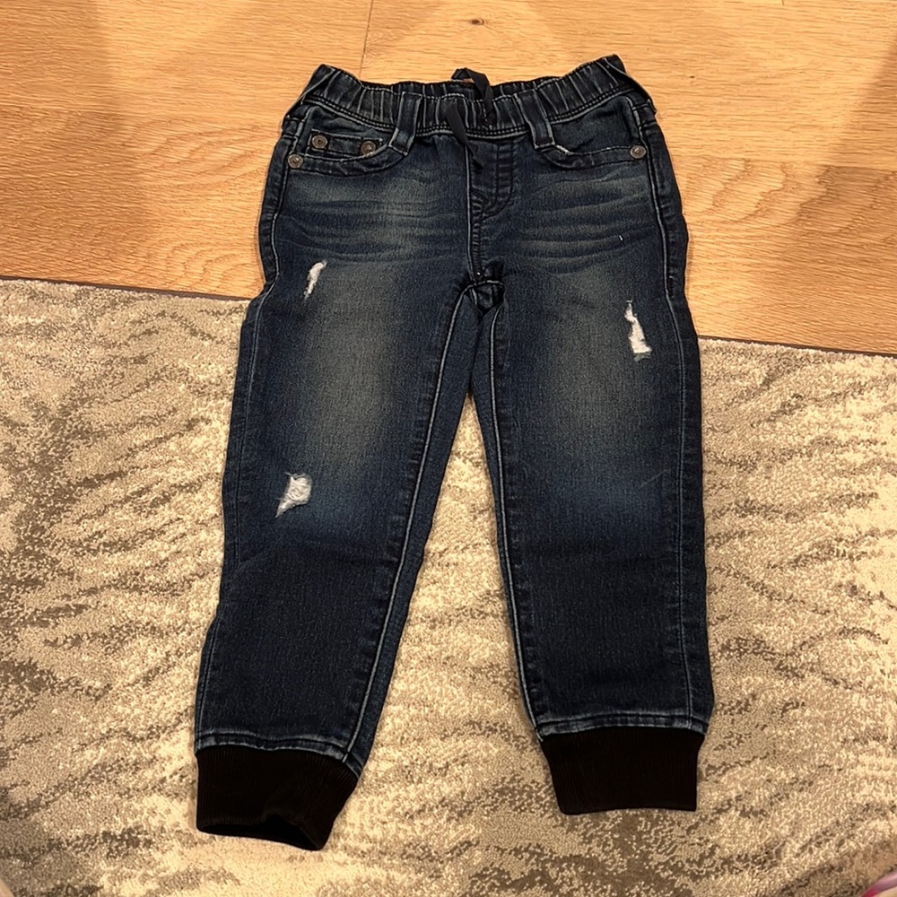 Boys true religion size 4 denim jogger, tie waist, ripped style